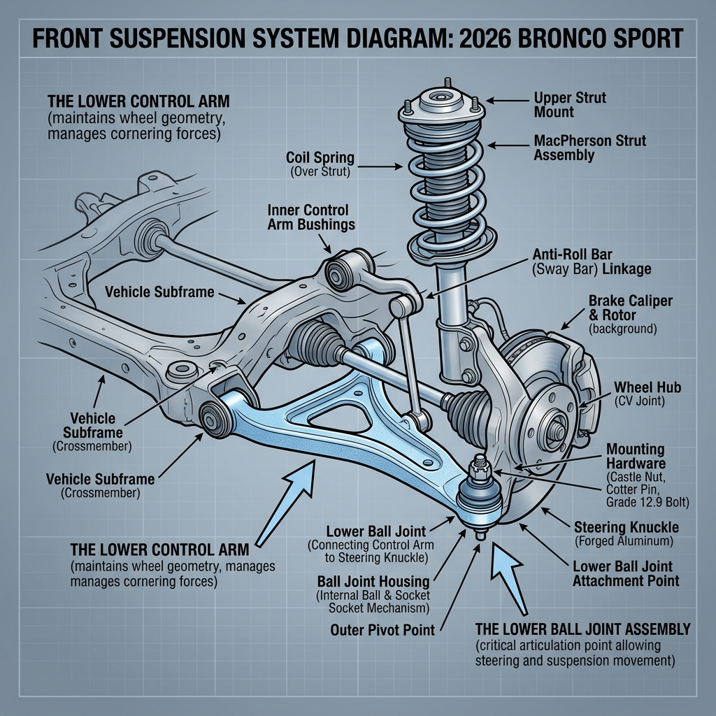 Diagram showing the front suspension system of a 2026 Bronco Sport with labeled components. (Representative image for illustration purposes only. Actual vehicle may vary based on trim and configuration.)