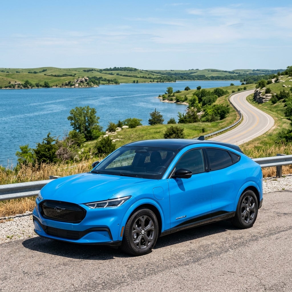 A blue Ford Mustang Mach-E parked on a roadside overlooking a scenic lake and rolling green hills. (Representative image for illustration purposes only. Actual vehicle may vary based on trim and configuration.)