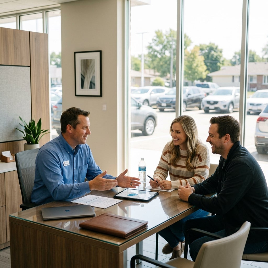 A sales representative in a blue shirt speaks to a smiling young couple seated across a modern desk. (Representative image for illustration purposes only. Actual vehicle may vary based on trim and configuration.)