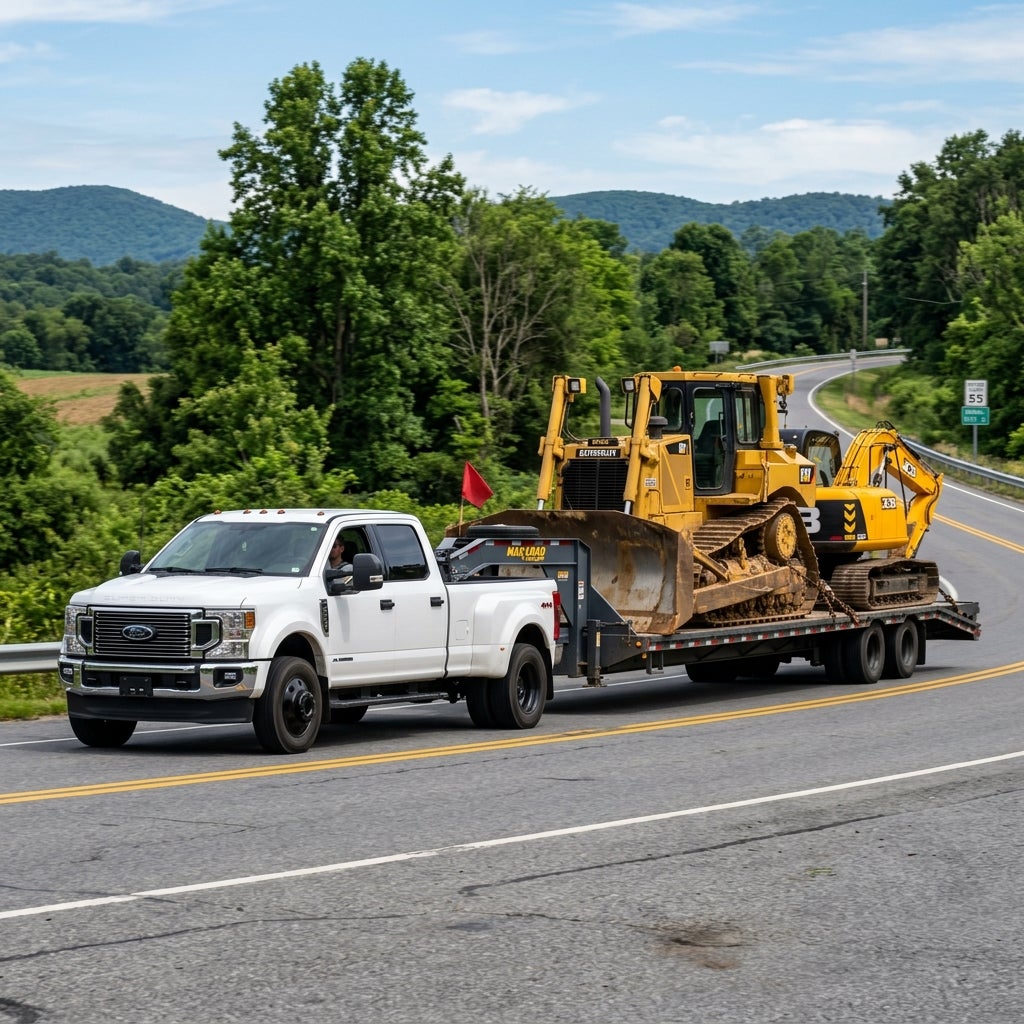 A white Ford pickup truck towing a flatbed trailer loaded with a yellow bulldozer and excavator on a curved highway. (Representative image for illustration purposes only. Actual vehicle may vary based on trim and configuration.)