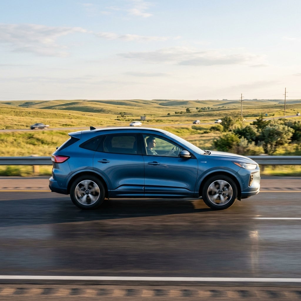 A blue crossover SUV driving at speed along an open highway through scenic rolling hills. (Representative image for illustration purposes only. Actual vehicle may vary based on trim and configuration.)