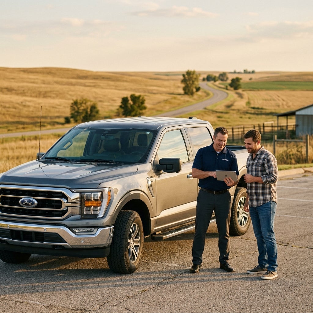 A service representative shows a tablet screen to a customer next to a silver Ford F-150 truck in a rural setting. (Representative image for illustration purposes only. Actual vehicle may vary based on trim and configuration.)