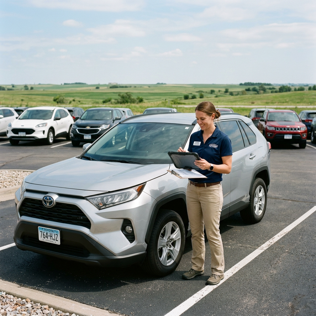 A woman in a blue polo shirt and khaki pants stands beside a silver Toyota SUV in a car lot, writing on a clipboard. (Representative image for illustration purposes only. Actual vehicle may vary based on trim and configuration.)