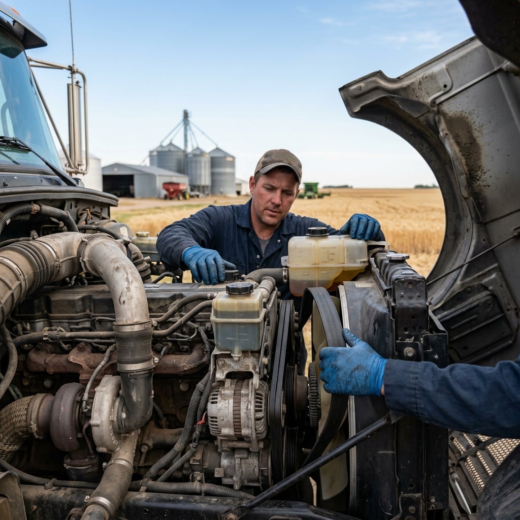 A mechanic wearing blue gloves inspects the engine of a semi-truck on a farm with grain silos in the background. (Representative image for illustration purposes only. Actual vehicle may vary based on trim and configuration.)