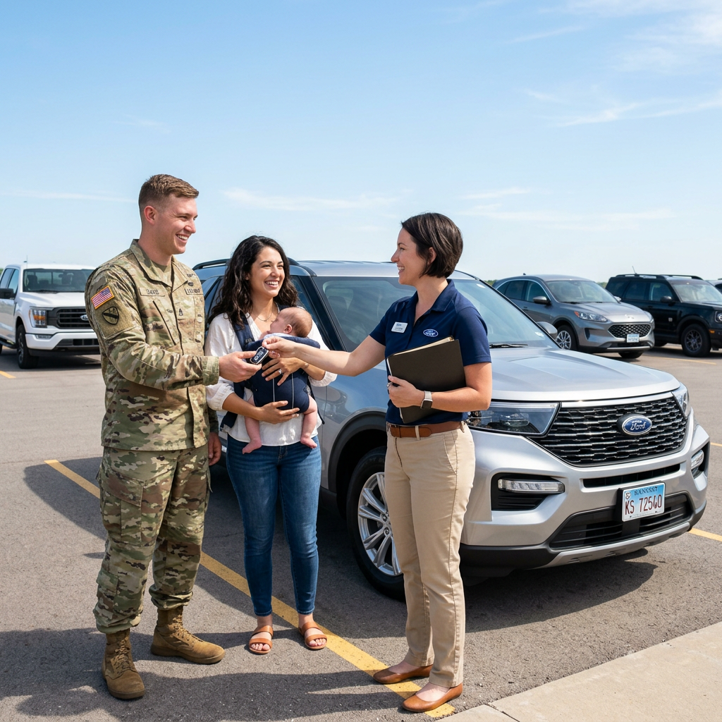 A Ford representative hands car keys to a military family next to a silver Ford Explorer in a dealership lot. (Representative image for illustration purposes only. Actual vehicle may vary based on trim and configuration.)