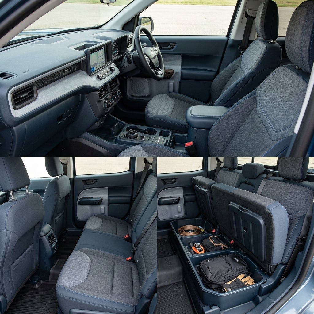 Three-panel view of a pickup truck interior, showing the front cabin, rear seats, and under-seat storage compartments. (Representative image for illustration purposes only. Actual vehicle may vary based on trim and configuration.)