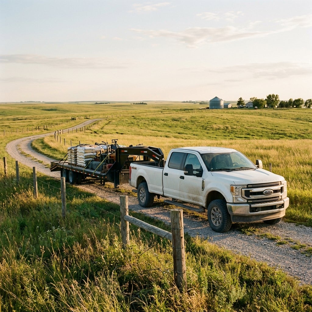 White Ford pickup truck hauling a loaded gooseneck trailer along a country dirt road surrounded by green fields. (Representative image for illustration purposes only. Actual vehicle may vary based on trim and configuration.)