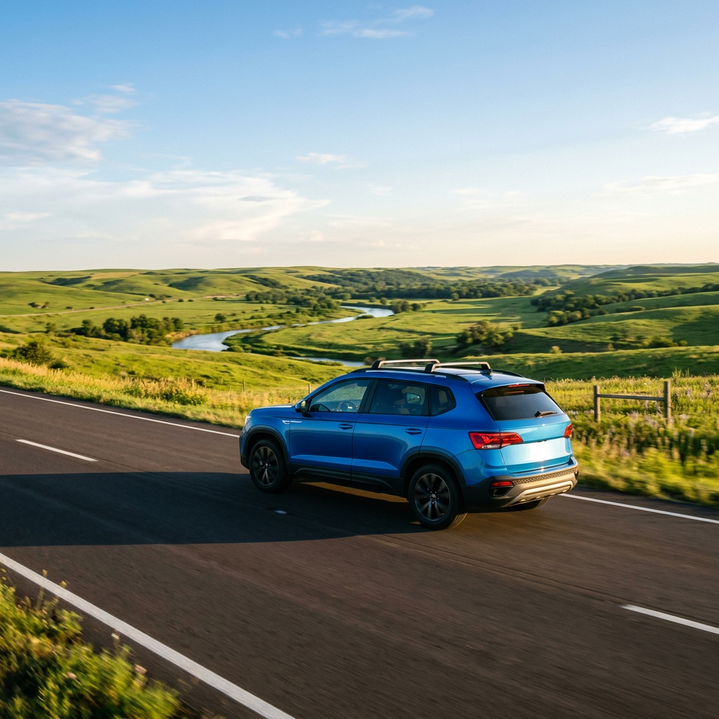 Blue SUV driving on a scenic paved road alongside rolling green hills and a winding river. (Representative image for illustration purposes only. Actual vehicle may vary based on trim and configuration.)
