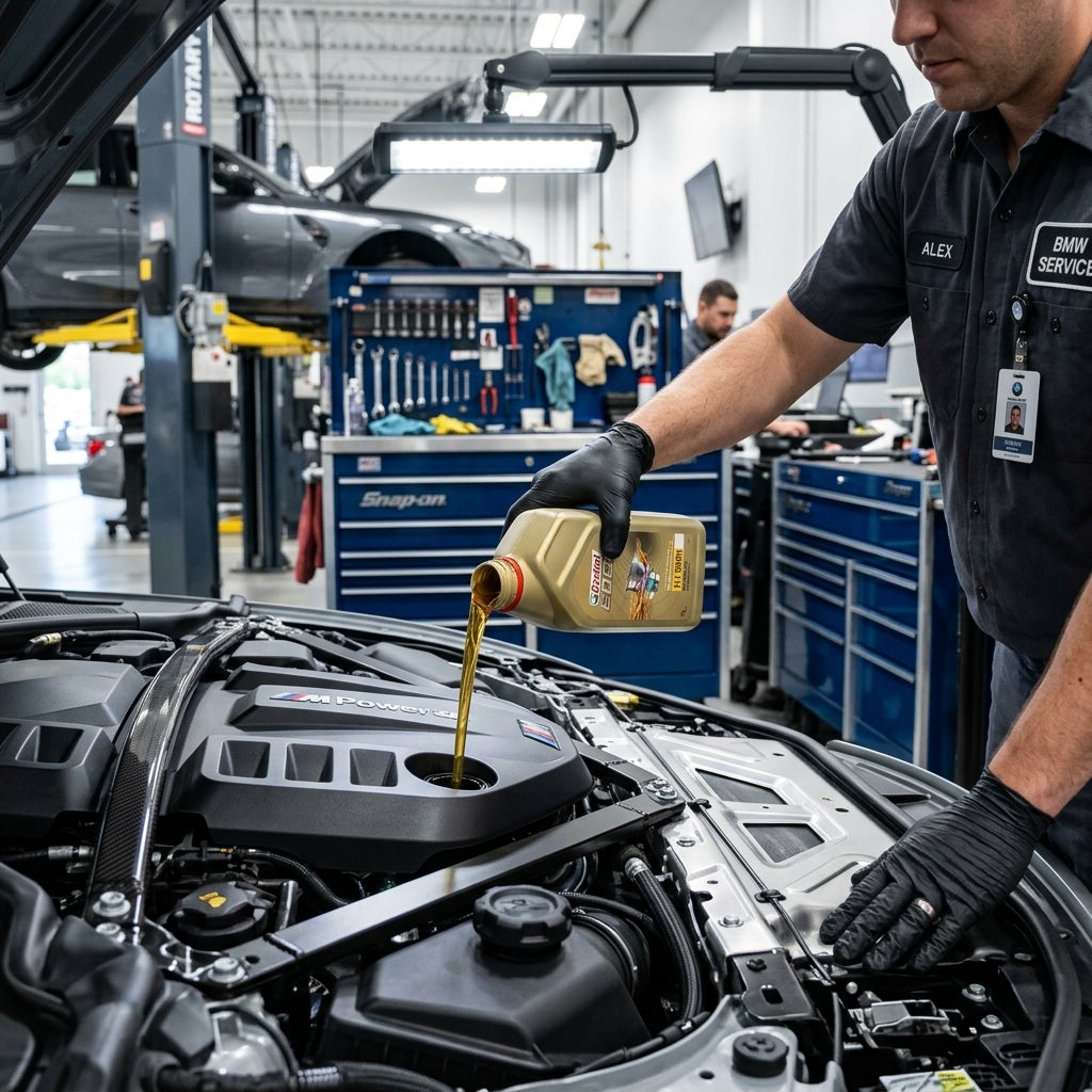 Mechanic wearing black gloves pours fresh motor oil into a BMW M Power engine during routine vehicle maintenance. (Representative image for illustration purposes only. Actual vehicle may vary based on trim and configuration.)