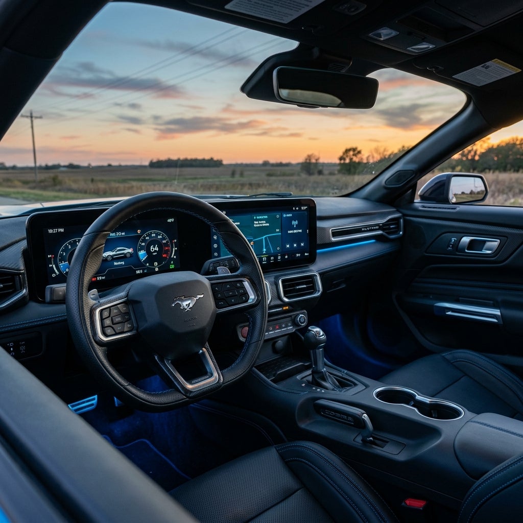 Modern Ford Mustang interior at sunset featuring a digital dashboard, leather steering wheel, and blue ambient lighting. (Representative image for illustration purposes only. Actual vehicle may vary based on trim and configuration.)