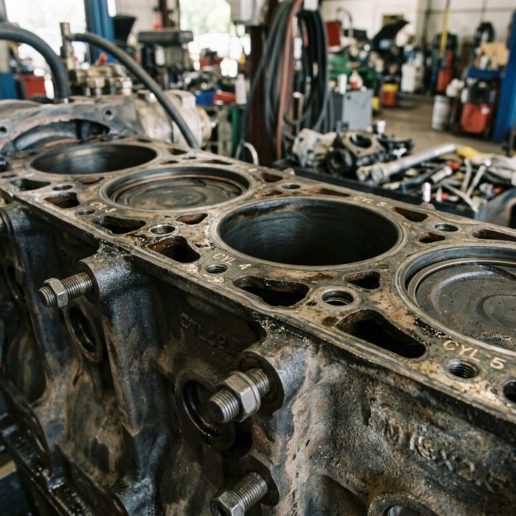Close-up of a disassembled engine block showing cylinder bores and pistons in a mechanic's shop. (Representative image for illustration purposes only. Actual vehicle may vary based on trim and configuration.)