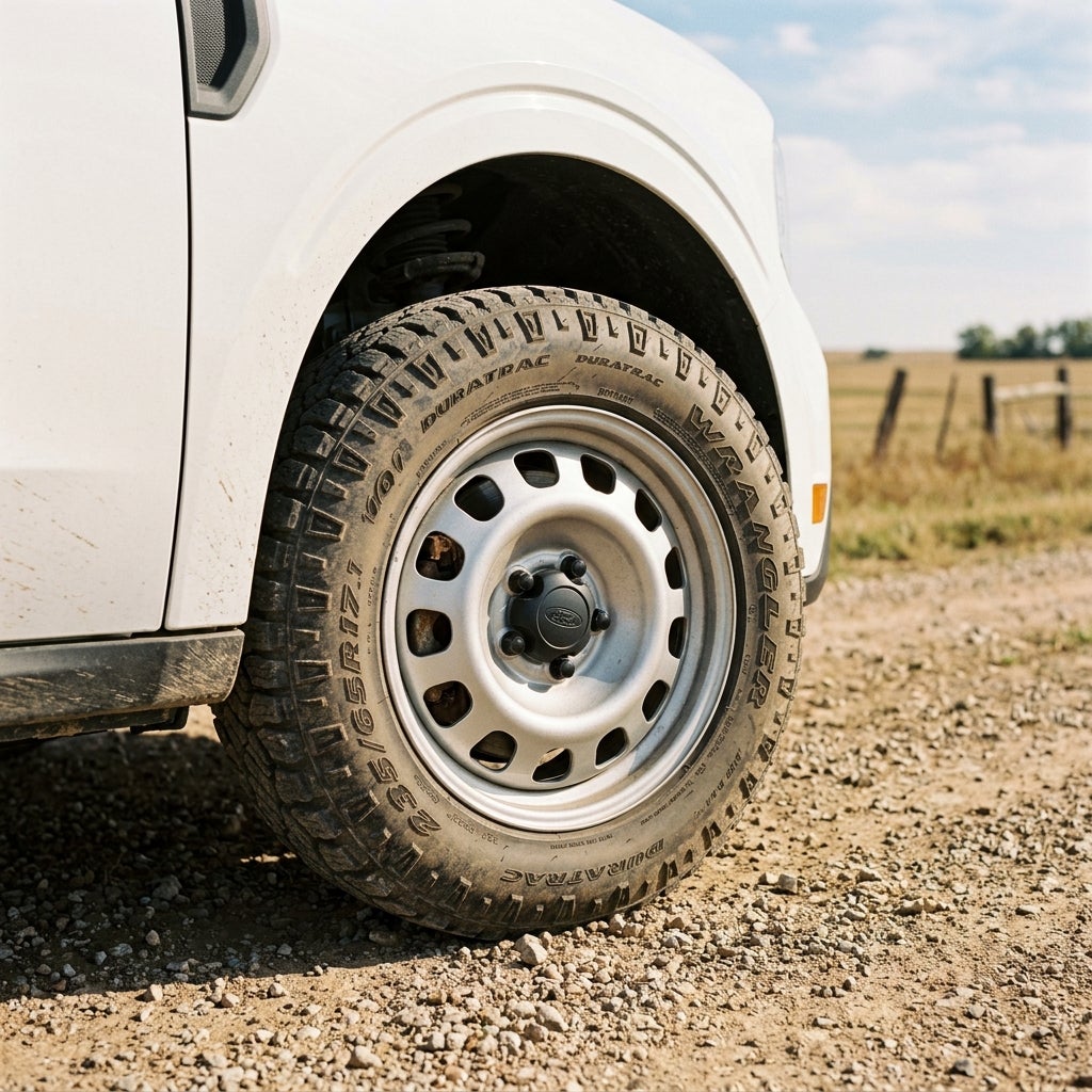 Goodyear Wrangler DuraTrac tire on a silver steel wheel of a white Ford truck parked on a gravel road. (Representative image for illustration purposes only. Actual vehicle may vary based on trim and configuration.)