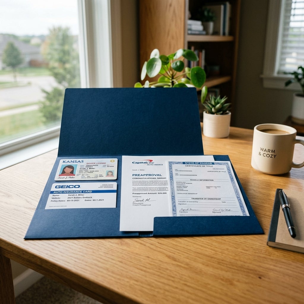 Blue folder on a wooden desk holding a driver's license, insurance card, and Capital One preapproval letter. (Representative image for illustration purposes only. Actual vehicle may vary based on trim and configuration.)