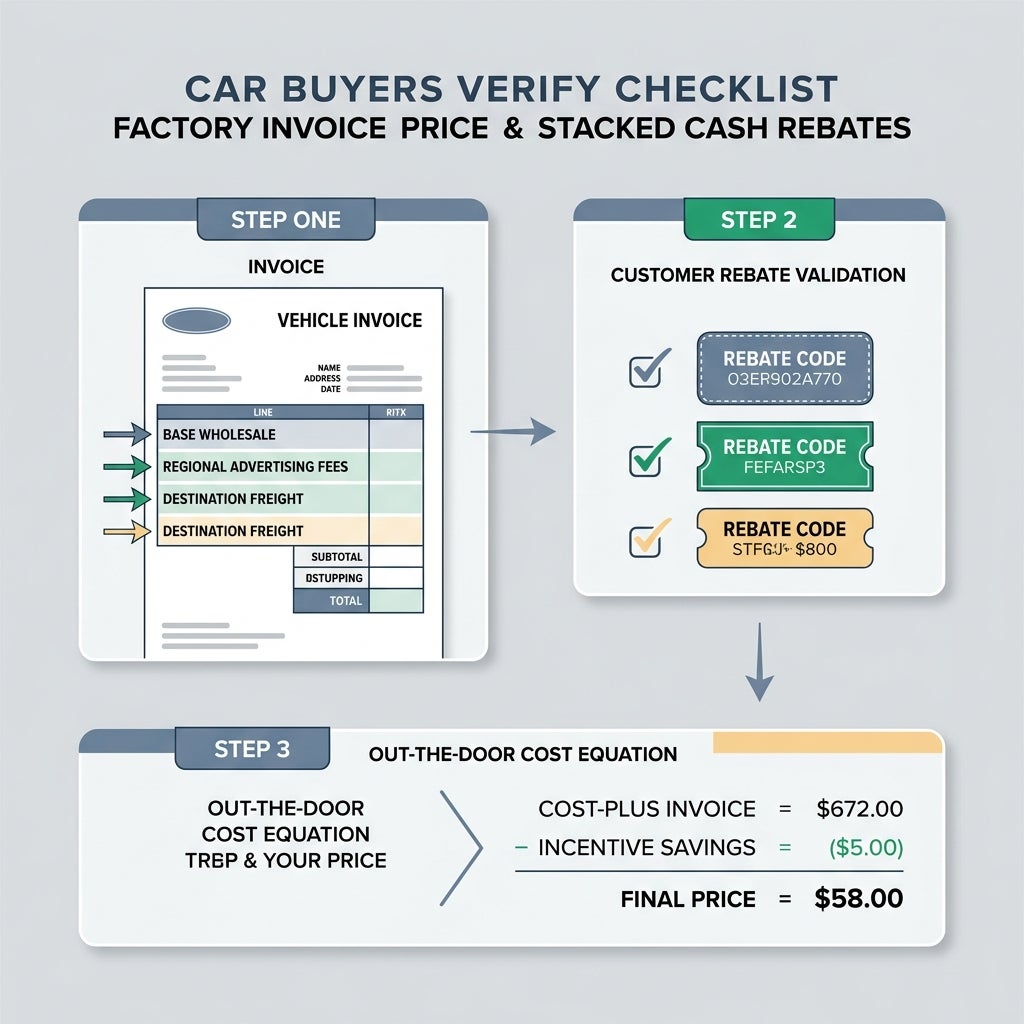 Infographic detailing a three-step car buyer checklist for verifying factory invoice price and stacked cash rebates. (Representative image for illustration purposes only. Actual vehicle may vary based on trim and configuration.)