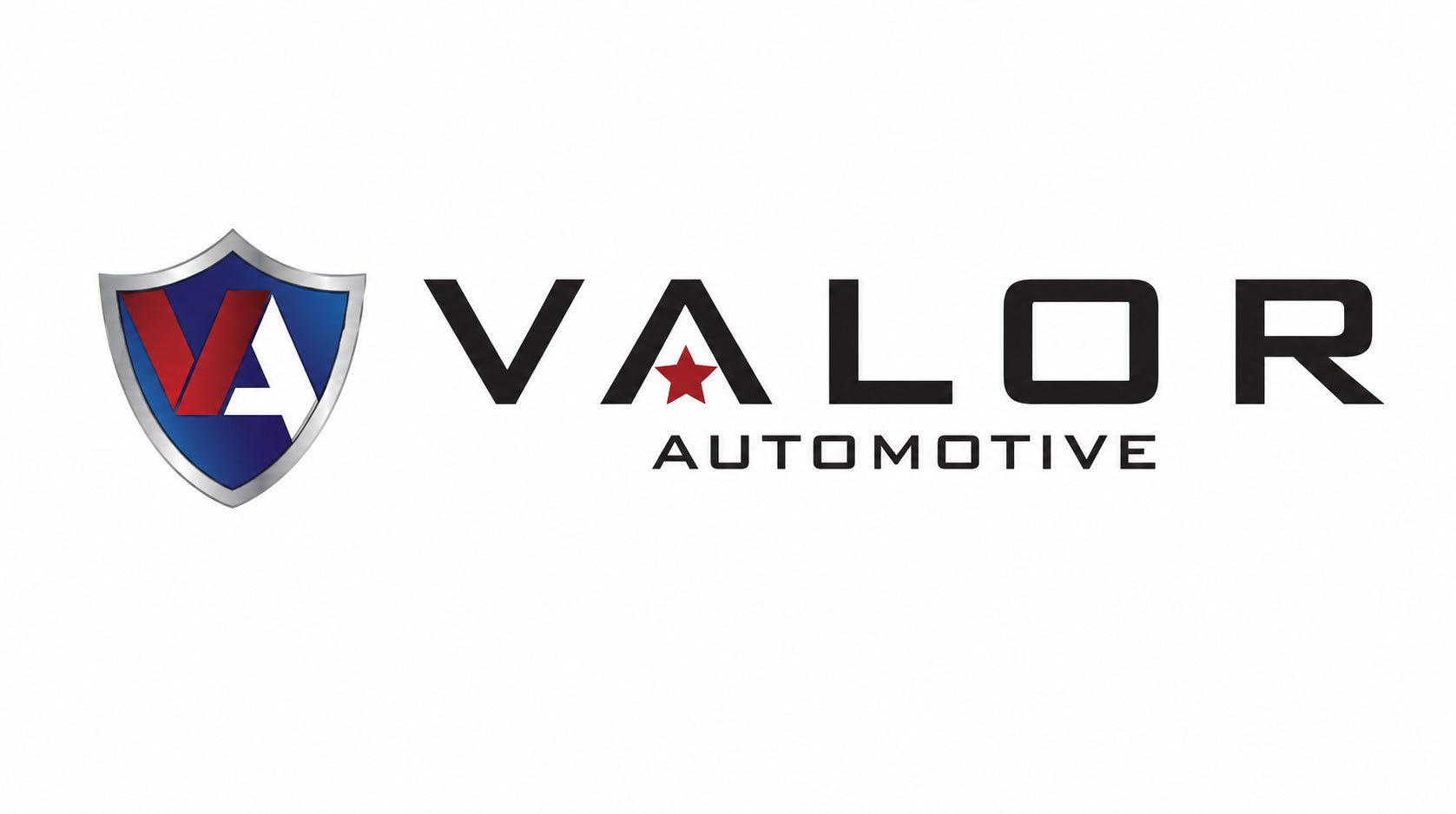 Valor Automotive logo featuring a blue shield emblem with red and white letters next to the stylized brand name.