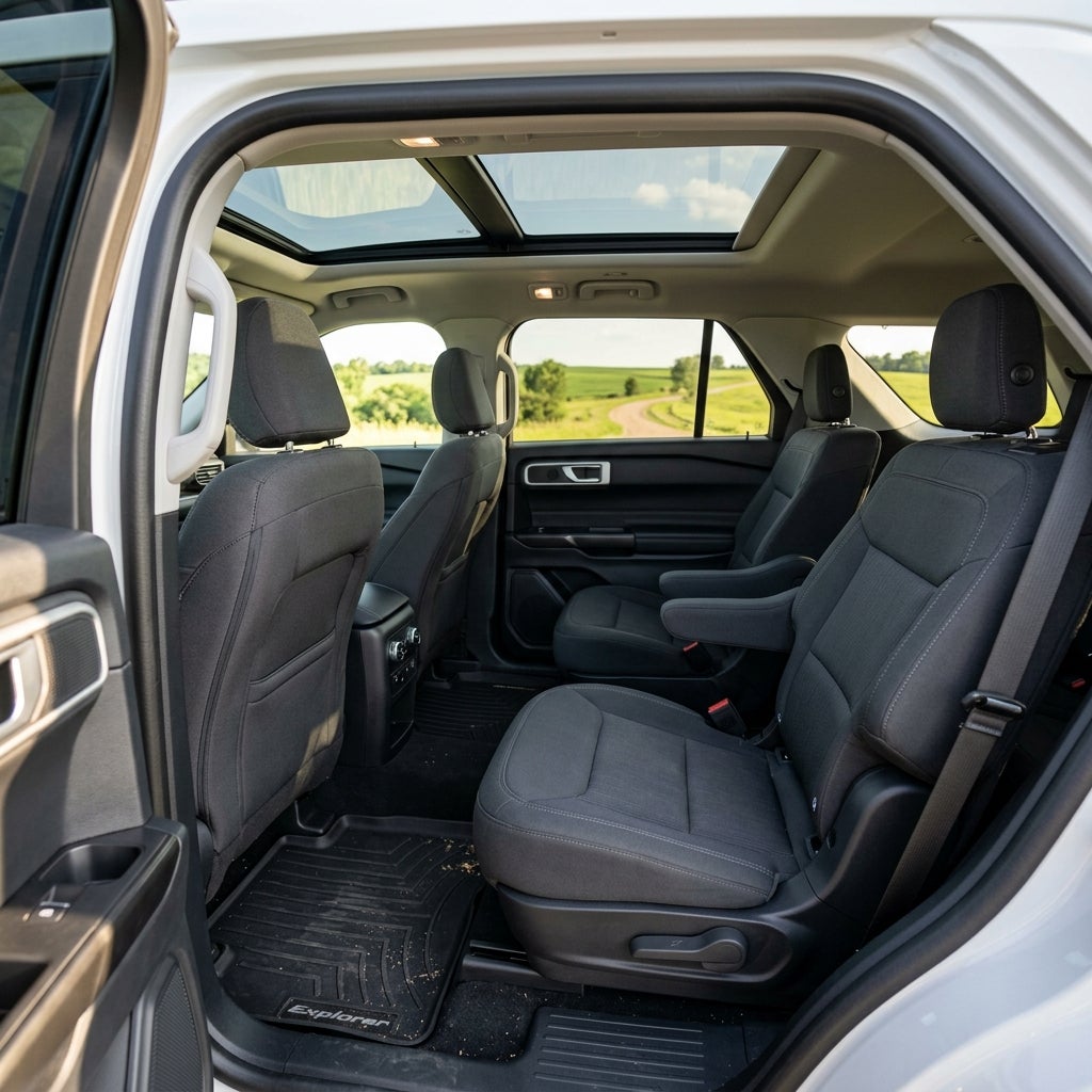 Interior view of a Ford Explorer with dark fabric seats, panoramic sunroof, and second-row captain's chairs. (Representative image for illustration purposes only. Actual vehicle may vary based on trim and configuration.)