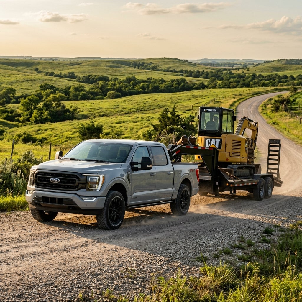 {
"altText": "A grey Ford F-150 truck towing a yellow CAT excavator on a trailer down a dirt road in green rolling hills.", (Representative image for illustration purposes only. Actual vehicle may vary based on trim and configuration.)