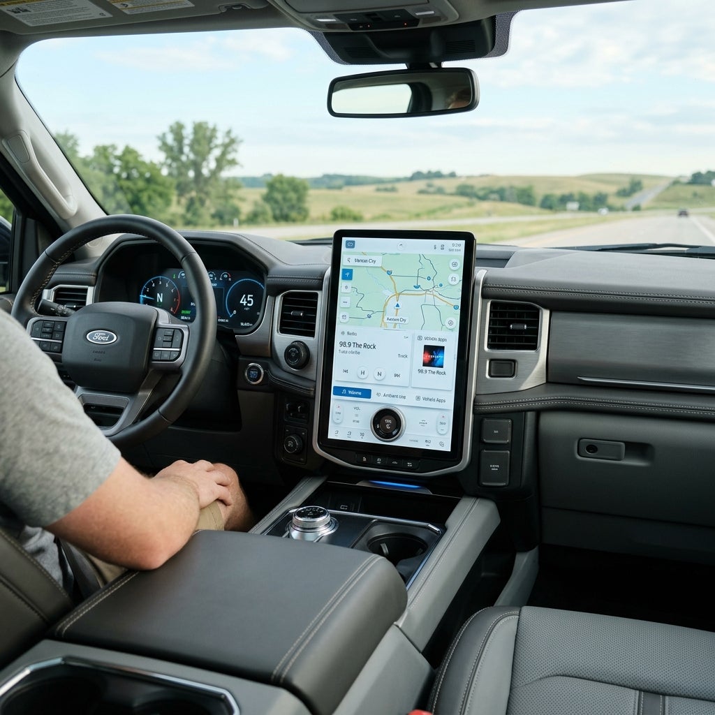 Interior view of a Ford truck with a driver's arm resting on the center console near a large vertical display. (Representative image for illustration purposes only. Actual vehicle may vary based on trim and configuration.)