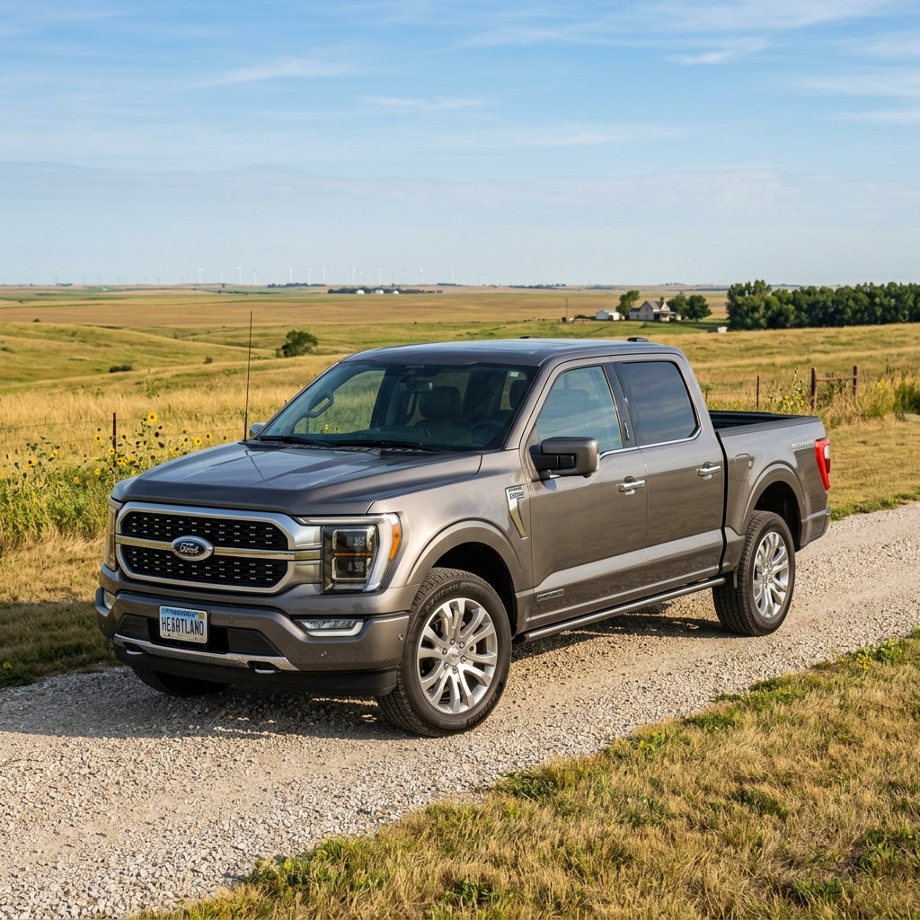 Gray Ford F-150 pickup truck parked on a gravel road in an open rural field landscape. (Representative image for illustration purposes only. Actual vehicle may vary based on trim and configuration.)