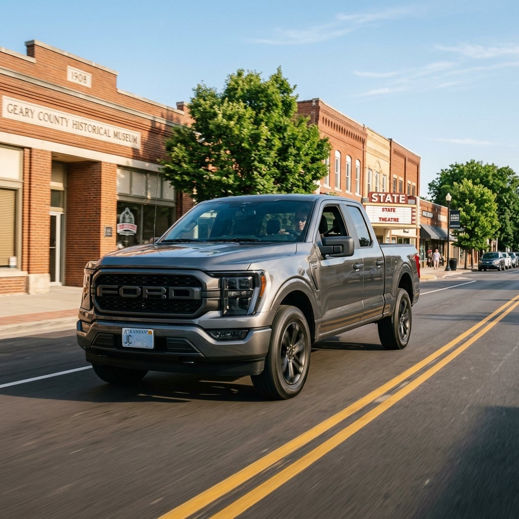 A grey Ford F-150 truck driving down a brick-building-lined street past the Geary County Historical Museum. (Representative image for illustration purposes only. Actual vehicle may vary based on trim and configuration.)