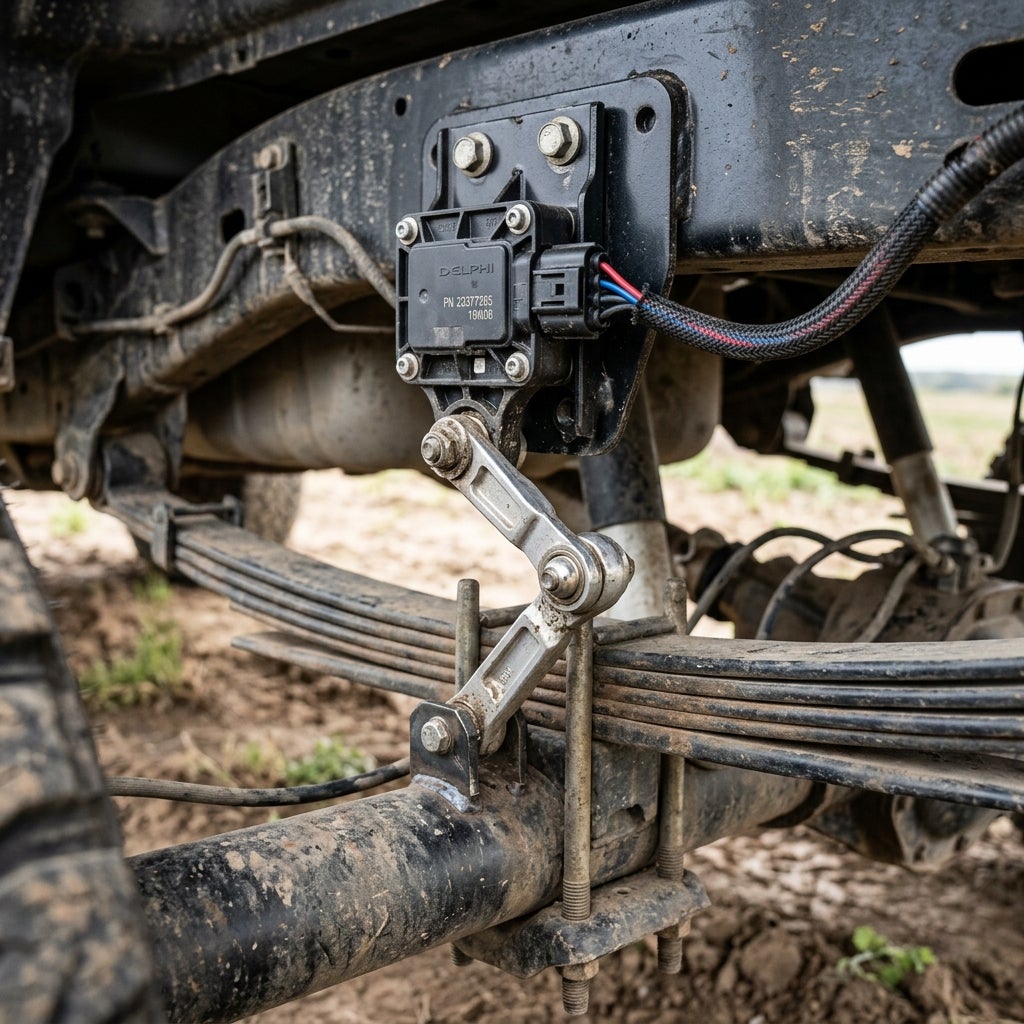 A Delphi suspension ride height sensor mounted on a truck frame rail with a mechanical linkage connected to the rear axle. (Representative image for illustration purposes only. Actual vehicle may vary based on trim and configuration.)