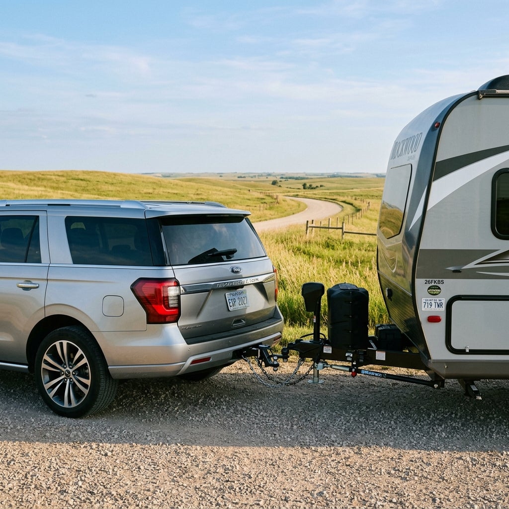 Silver SUV hitched to a Rockwood travel trailer parked on a gravel road in rolling grassy hills. (Representative image for illustration purposes only. Actual vehicle may vary based on trim and configuration.)