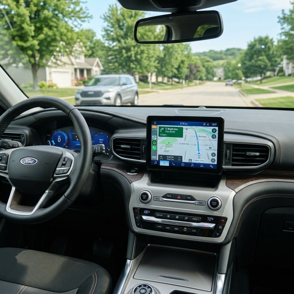 View from inside a Ford SUV dashboard showing a digital navigation screen and steering wheel looking out at a suburban street. (Representative image for illustration purposes only. Actual vehicle may vary based on trim and configuration.)