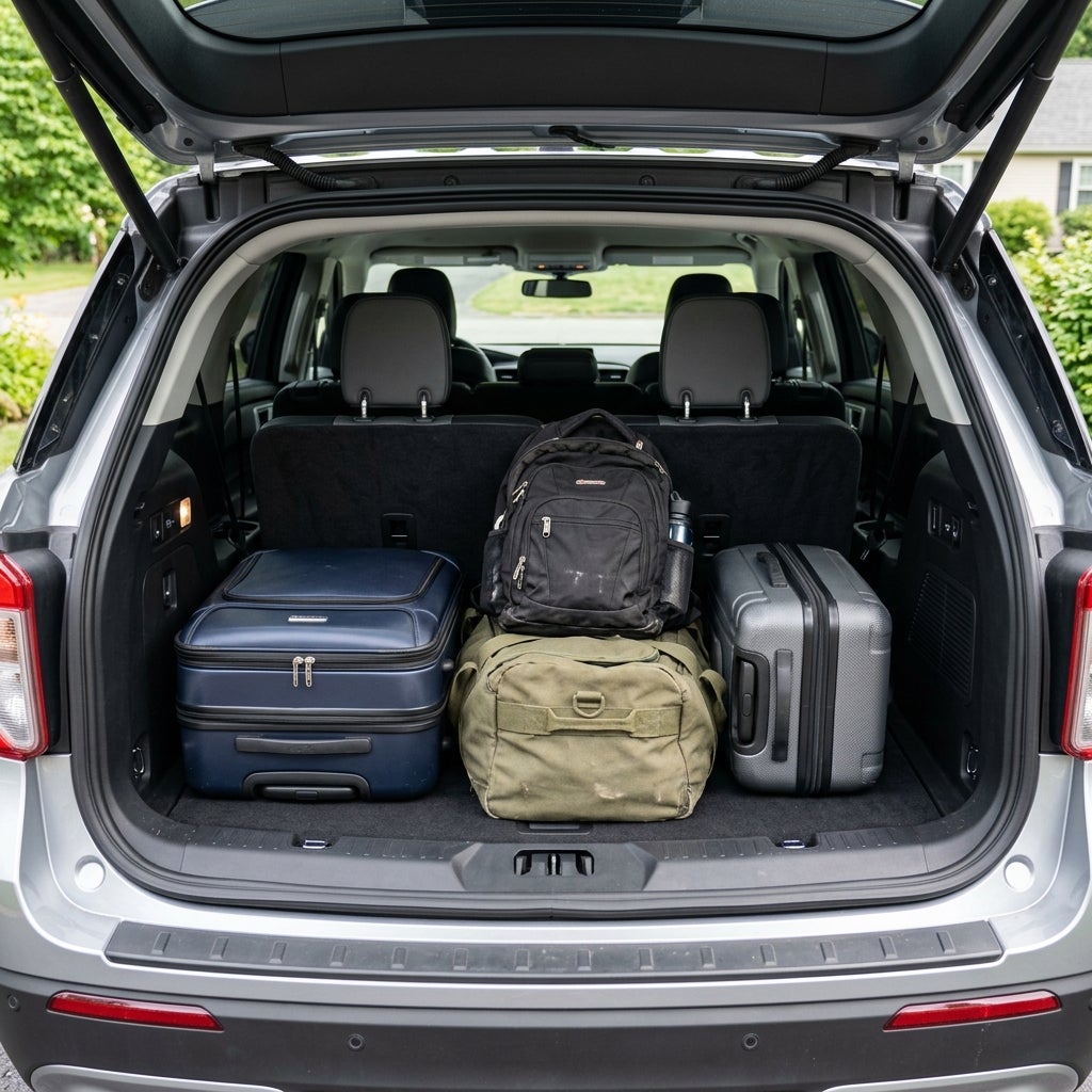 An open trunk of a silver SUV packed with a blue suitcase, green duffel bag, black backpack, and grey suitcase. (Representative image for illustration purposes only. Actual vehicle may vary based on trim and configuration.)