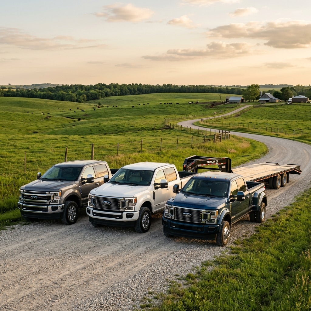 Three Ford Super Duty pickup trucks parked side-by-side on a gravel road winding through rolling green hills. (Representative image for illustration purposes only. Actual vehicle may vary based on trim and configuration.)