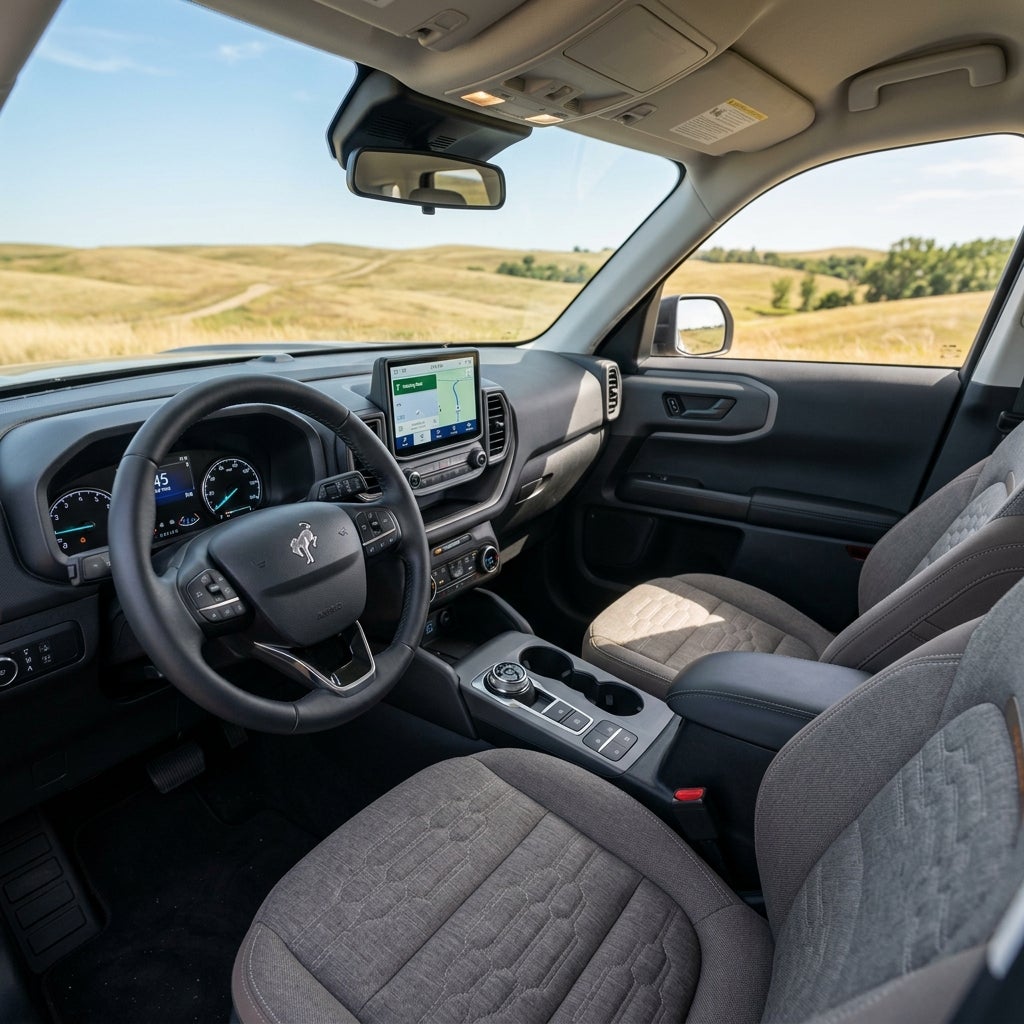 Interior view of a modern SUV cabin featuring textured cloth seats, digital dashboard, and touchscreen navigation screen. (Representative image for illustration purposes only. Actual vehicle may vary based on trim and configuration.)