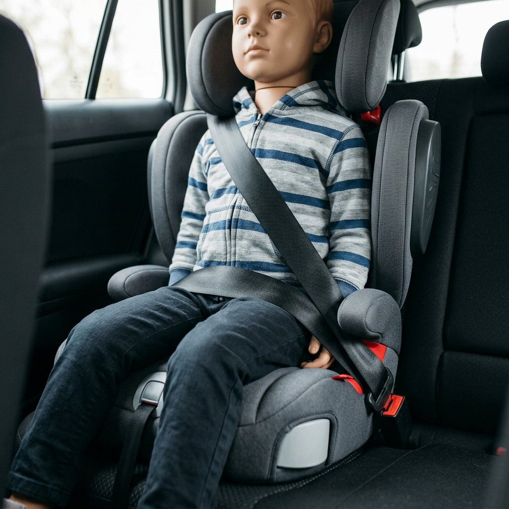A mannequin child strapped into a high-back booster car seat in the back of a vehicle. (Representative image for illustration purposes only. Actual vehicle may vary based on trim and configuration.)