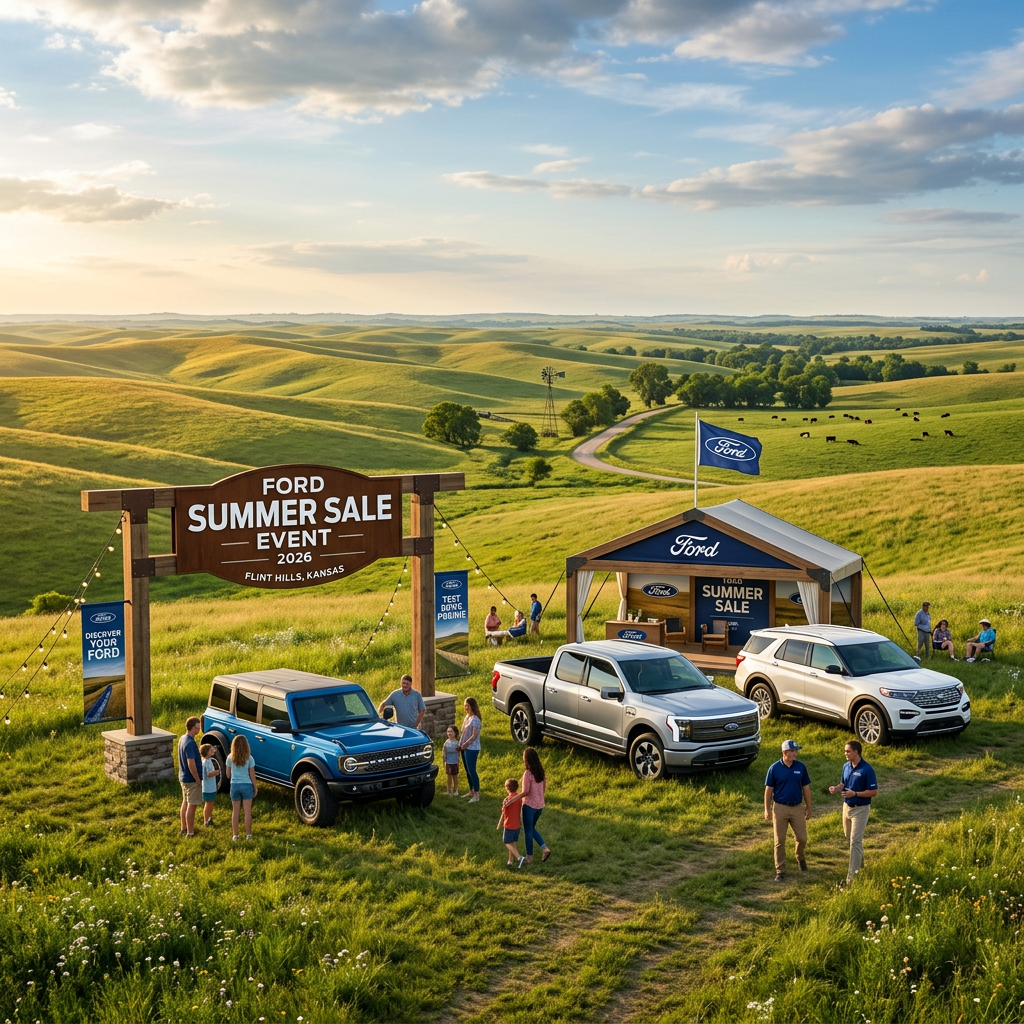 A Ford Summer Sale Event in the rolling green hills of Flint Hills, Kansas, featuring a Bronco, F-150 Lightning, and Explorer. (Representative image for illustration purposes only. Actual vehicle may vary based on trim and configuration.)