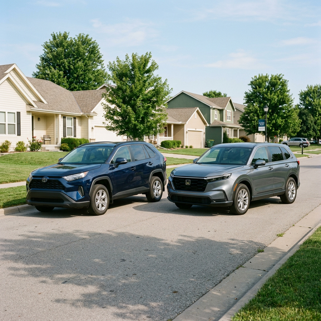 A dark blue Toyota RAV4 and a grey Honda CR-V parked side-by-side on a suburban street. (Representative image for illustration purposes only. Actual vehicle may vary based on trim and configuration.)