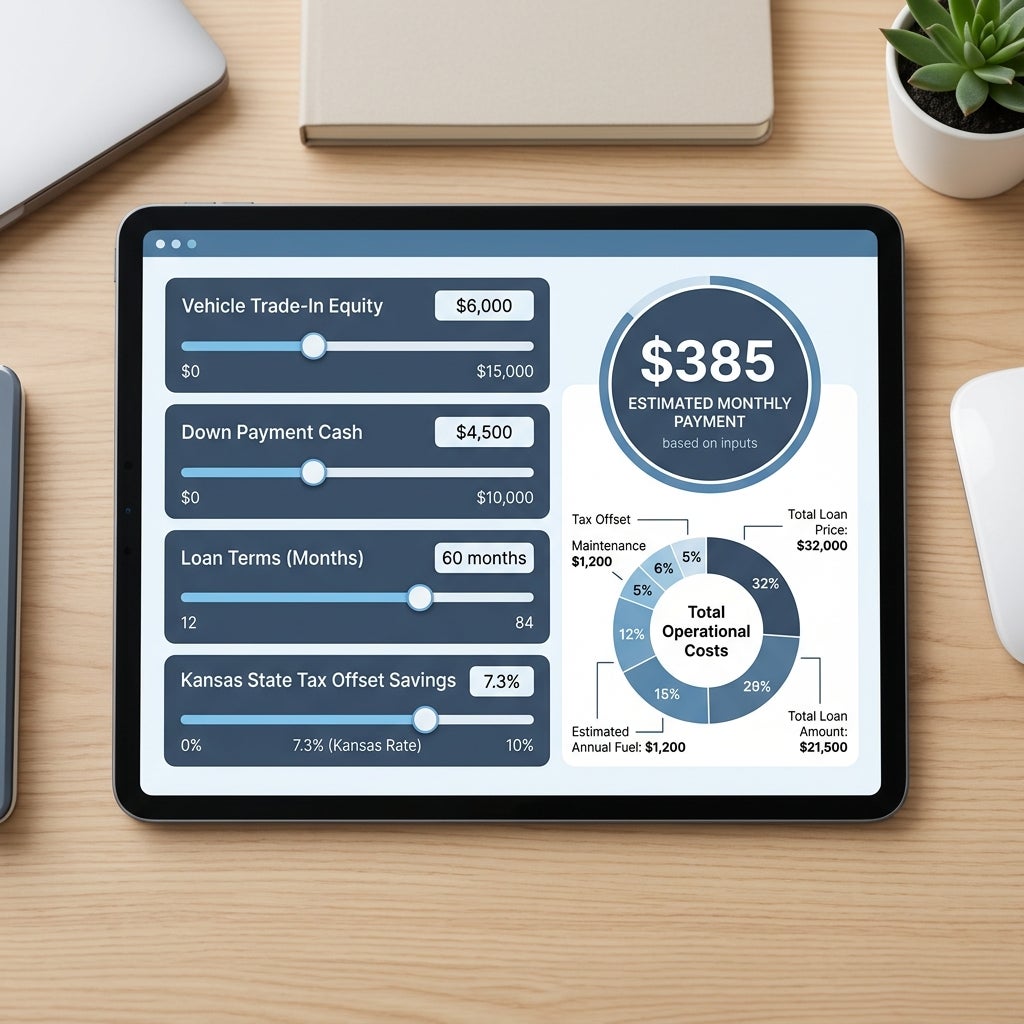 Tablet on a wooden desk displaying an auto loan calculator interface with monthly payment estimates and sliders. (Representative image for illustration purposes only. Actual vehicle may vary based on trim and configuration.)