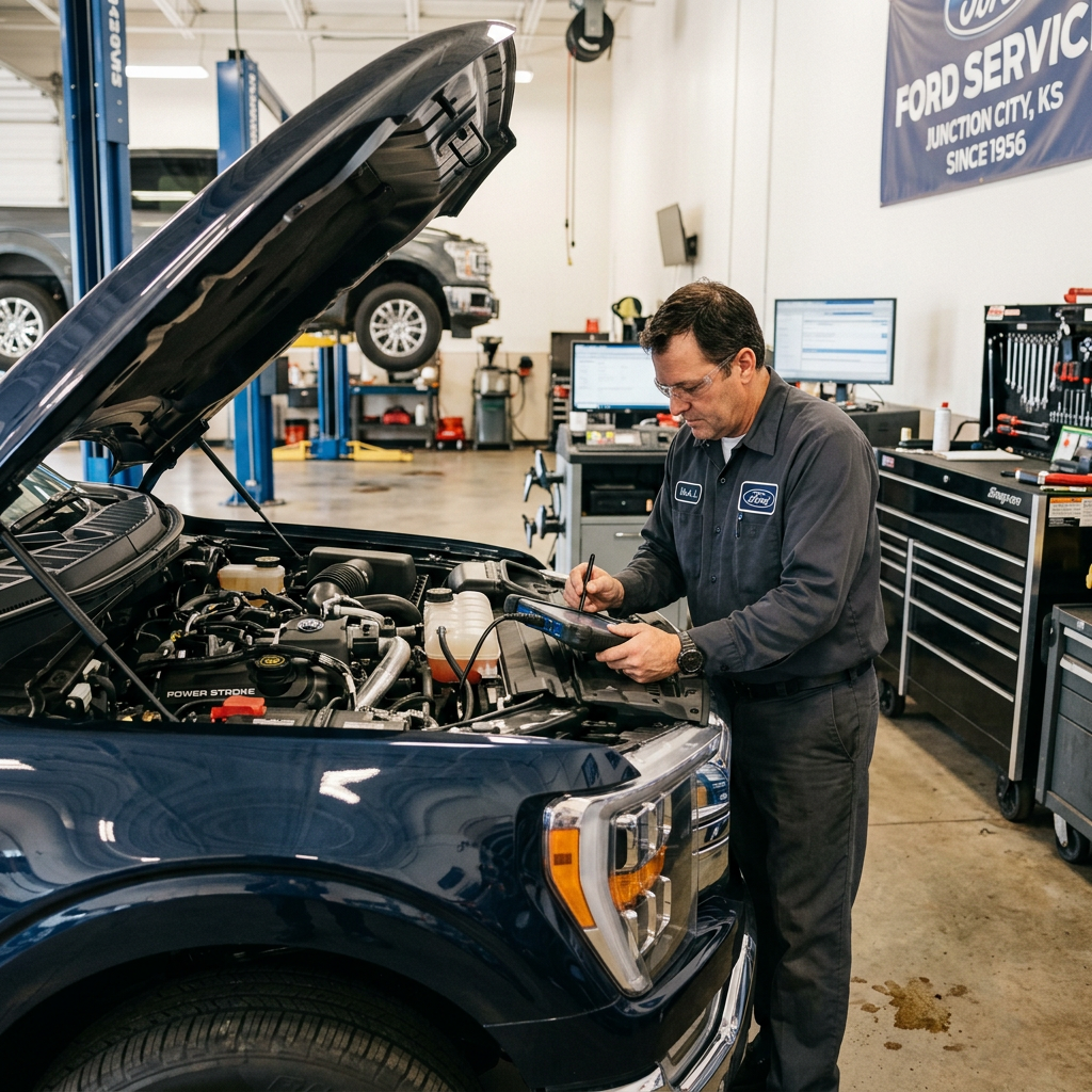 A Ford auto technician diagnostics tablet to service a blue Ford truck with its hood open in a dealership garage. (Representative image for illustration purposes only. Actual vehicle may vary based on trim and configuration.)
