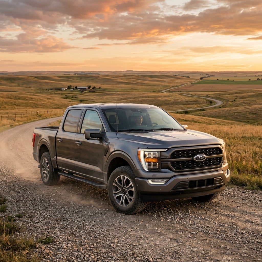 Grey Ford F-150 truck driving on a gravel dirt road through rolling hills at sunset. (Representative image for illustration purposes only. Actual vehicle may vary based on trim and configuration.)