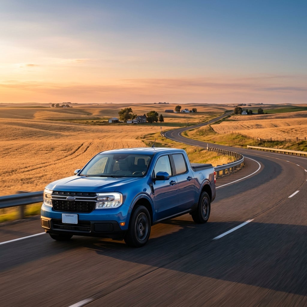A blue pickup truck driving on a winding country road through rolling golden hills at sunset. (Representative image for illustration purposes only. Actual vehicle may vary based on trim and configuration.)