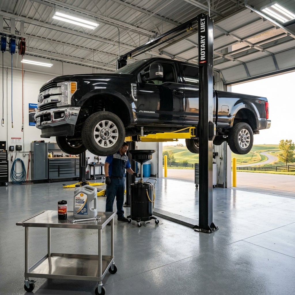 A mechanic works under a black pickup truck raised on a hydraulic lift inside a modern auto repair garage. (Representative image for illustration purposes only. Actual vehicle may vary based on trim and configuration.)