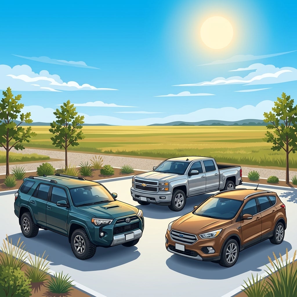 Vector illustration of a green Toyota 4Runner, silver Chevrolet pickup, and bronze Ford SUV parked on a sunny day. (Representative image for illustration purposes only. Actual vehicle may vary based on trim and configuration.)