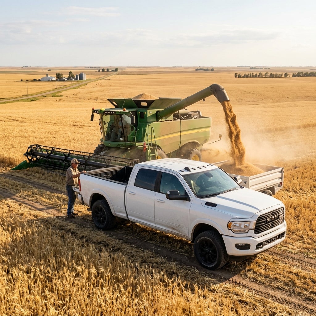 A white pickup truck parked in a golden wheat field next to a green combine harvester unloading grain. (Representative image for illustration purposes only. Actual vehicle may vary based on trim and configuration.)