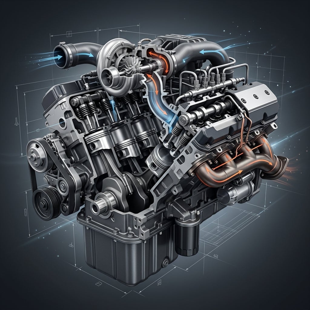 Detailed 3D cutaway diagram of a turbocharged engine showing pistons, crankshaft, and airflow direction. (Representative image for illustration purposes only. Actual vehicle may vary based on trim and configuration.)