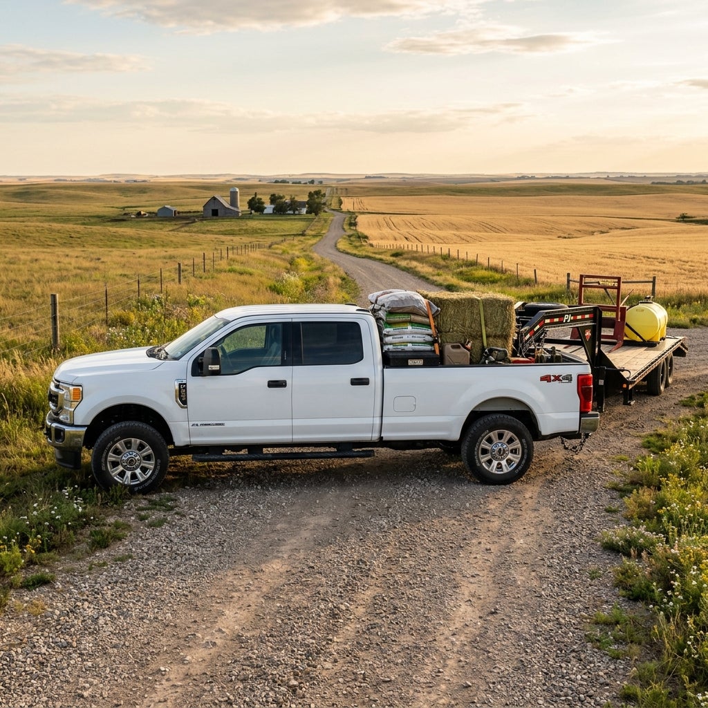 White pickup truck loaded with farm supplies pulling a trailer along a rural gravel road. (Representative image for illustration purposes only. Actual vehicle may vary based on trim and configuration.)