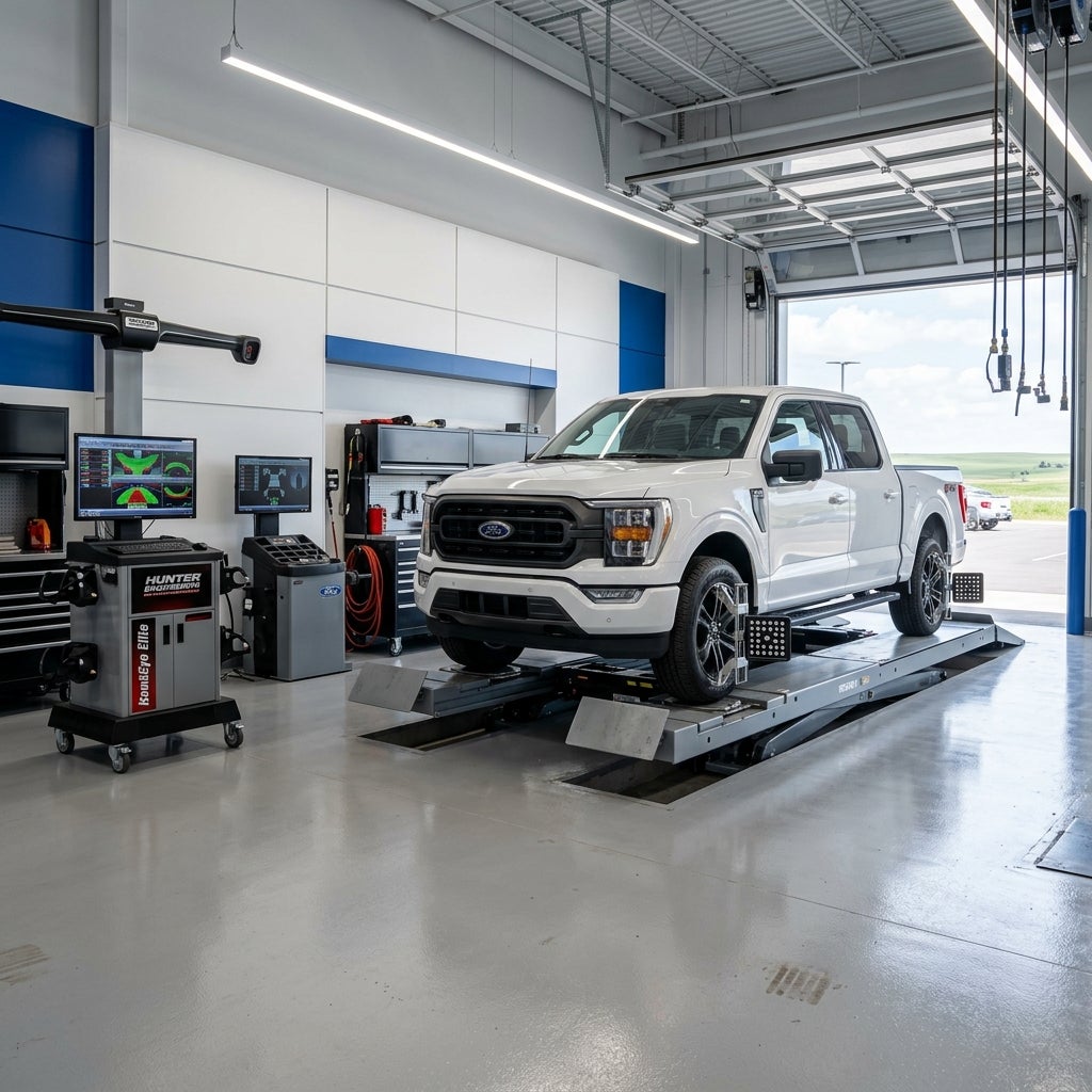 A white Ford F-150 pickup truck undergoing a professional wheel alignment on a lift in a modern service bay. (Representative image for illustration purposes only. Actual vehicle may vary based on trim and configuration.)