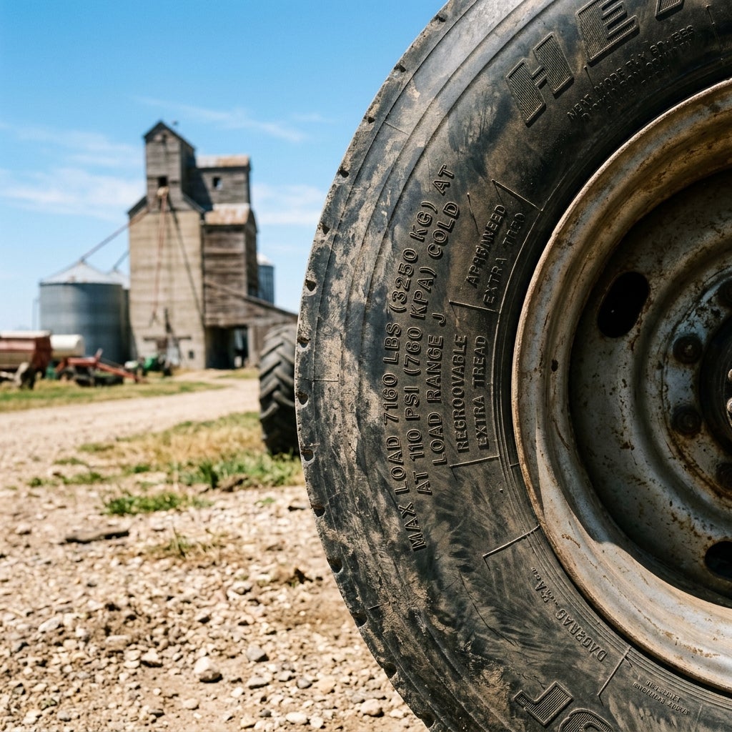 Close-up of a large vehicle tire with a weathered wooden grain elevator blurred in the background. (Representative image for illustration purposes only. Actual vehicle may vary based on trim and configuration.)