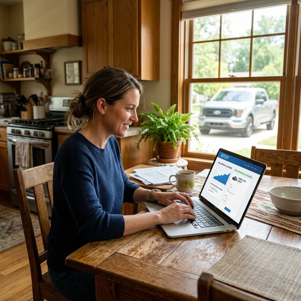 Woman using a laptop at a kitchen table while applying for auto financing, with a pickup truck outside the window. (Representative image for illustration purposes only. Actual vehicle may vary based on trim and configuration.)