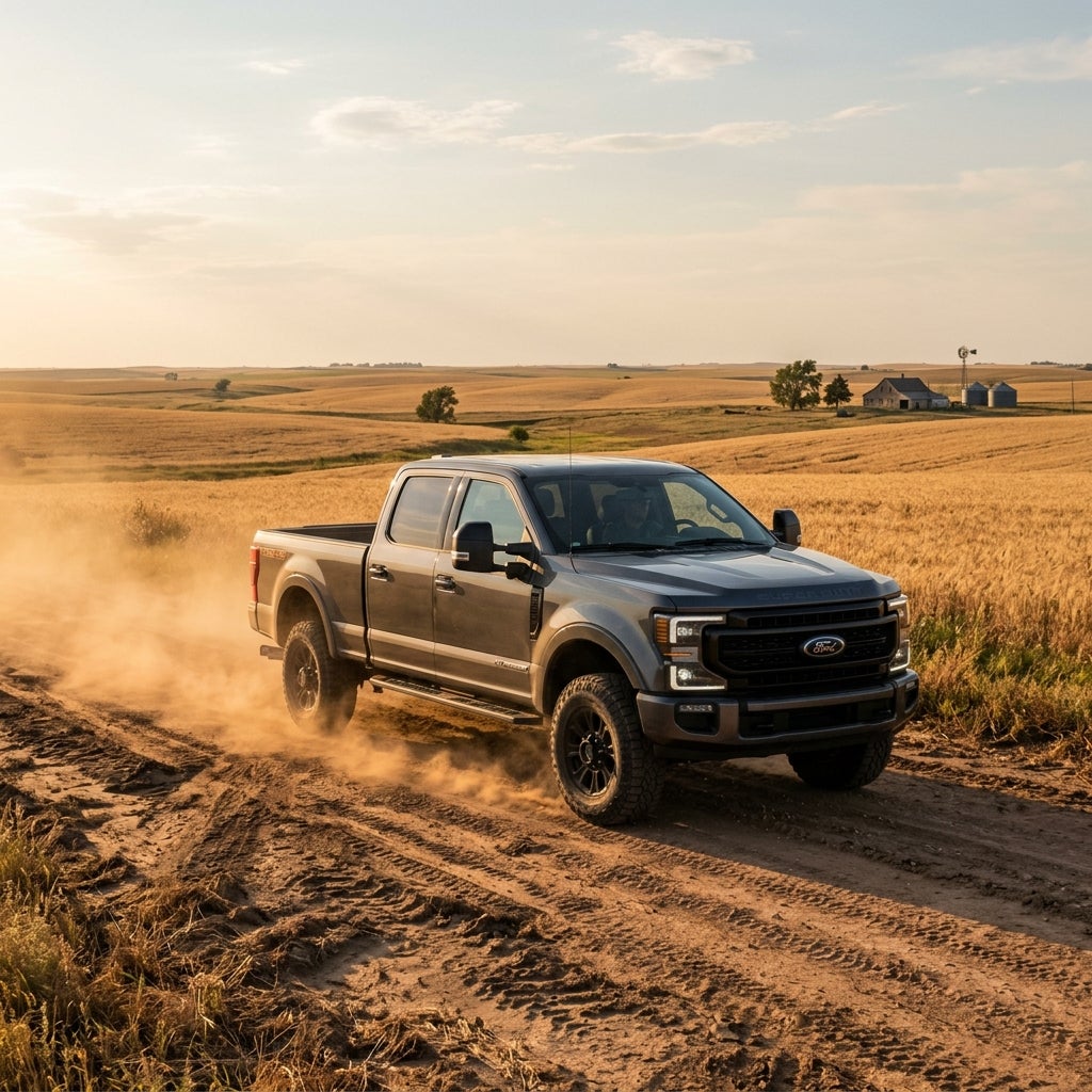 Dark grey Ford Super Duty pickup truck driving down a dusty dirt road past a golden wheat field at sunset. (Representative image for illustration purposes only. Actual vehicle may vary based on trim and configuration.)