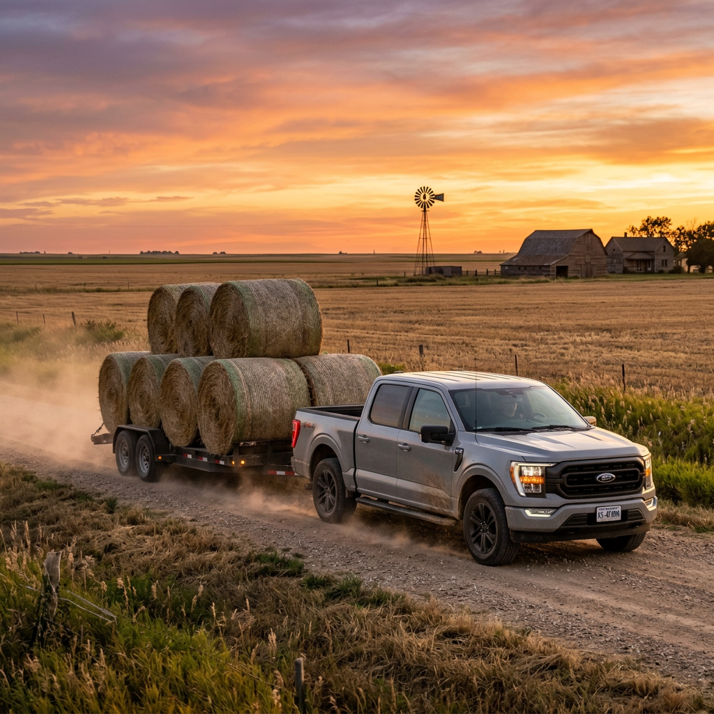 Silver pickup truck towing a trailer of large round hay bales on a dirt road at sunset. (Representative image for illustration purposes only. Actual vehicle may vary based on trim and configuration.)