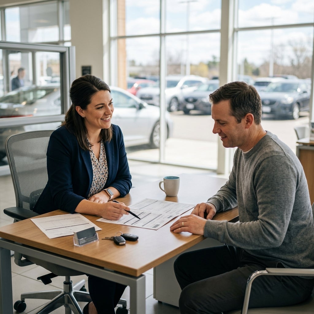 A female car dealer reviewing paperwork with a male customer at a modern showroom desk. (Representative image for illustration purposes only. Actual vehicle may vary based on trim and configuration.)