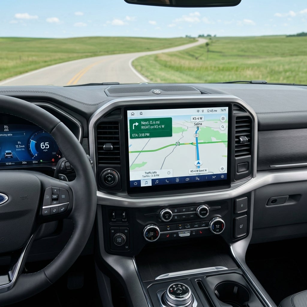 View from the driver seat of a truck dashboard with navigation display driving on a rural road. (Representative image for illustration purposes only. Actual vehicle may vary based on trim and configuration.)