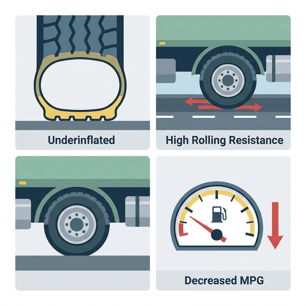 Infographic showing how underinflated tires lead to high rolling resistance and decreased MPG. (Representative image for illustration purposes only. Actual vehicle may vary based on trim and configuration.)